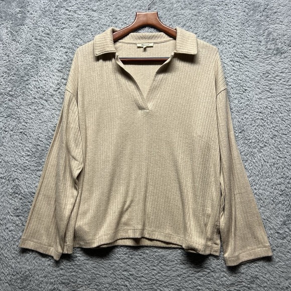 Madewell Sweaters - Madewell Swaeater Top Womens XL Beige Ribbed Polo Long Sleeve Relaxed Polo